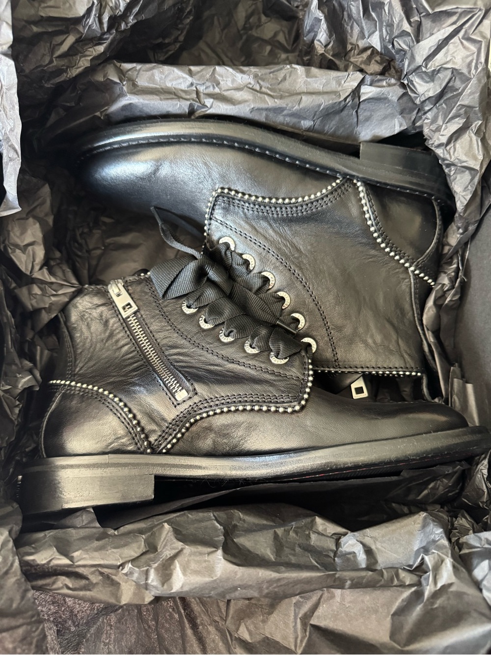 Zadig & Voltaire Black Leather Combat Boots with Silver Stud Trim